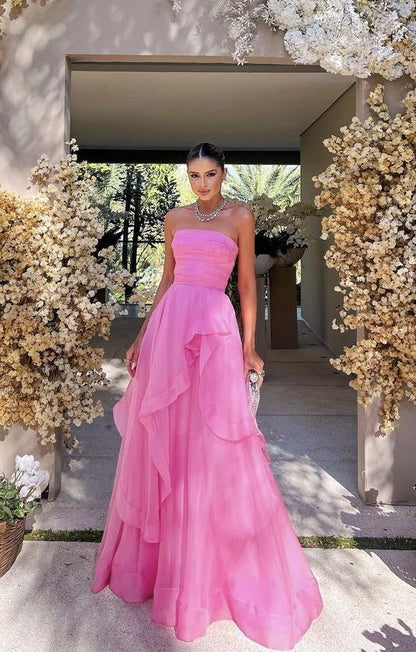 PM487, Simple Pink Sleeveless Long Prom Dresses, Strapless Evening Dresses, Pink Celebration Dress