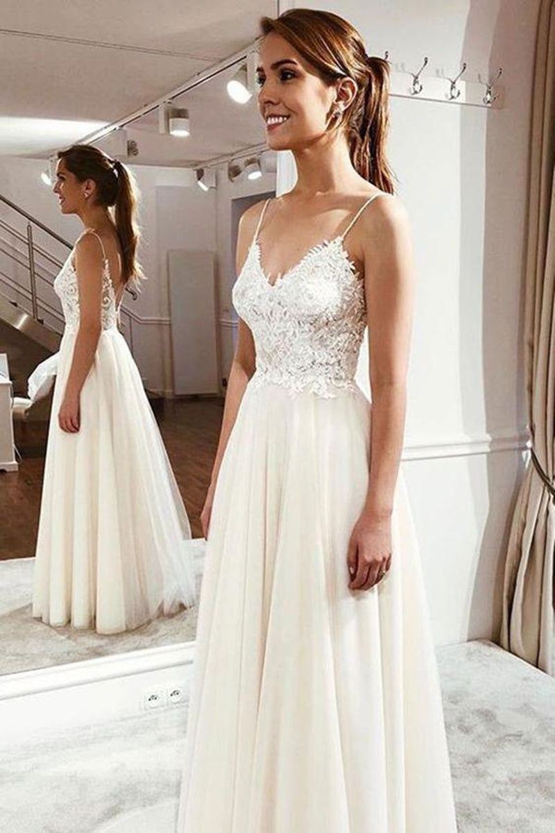 PM385,White Spaghetti Straps V-Neck Tulle Long Wedding Gown