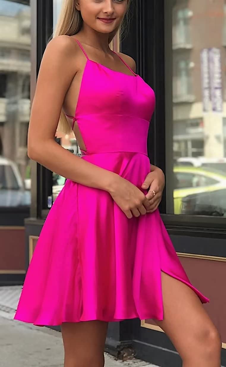 PM254,Hot pink satin homecoming dresses mini cocktail dress