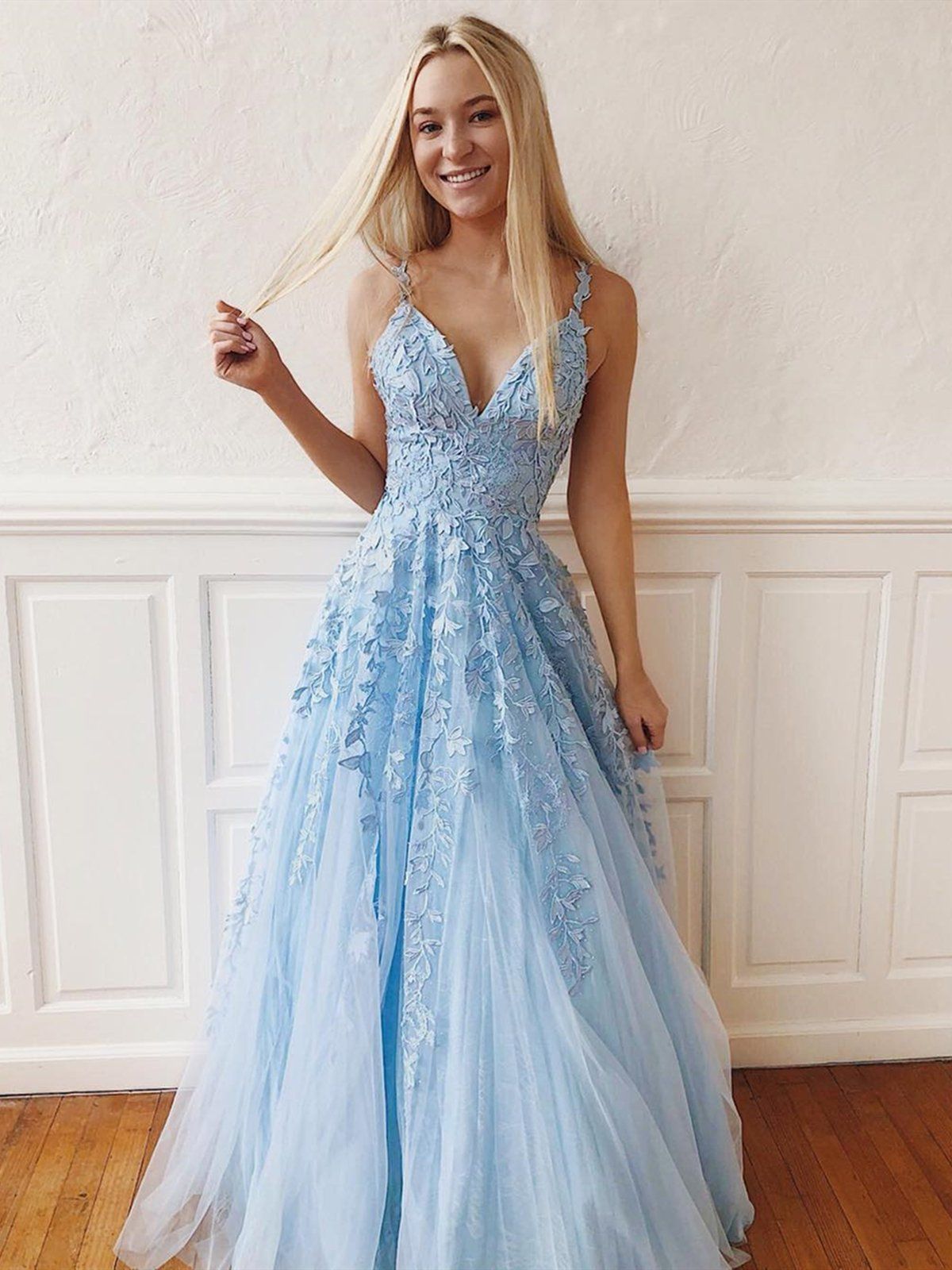 PM348,Sky Blue Applique Tulle Long Prom Dresses,V-Neck Lace Evening Dresses