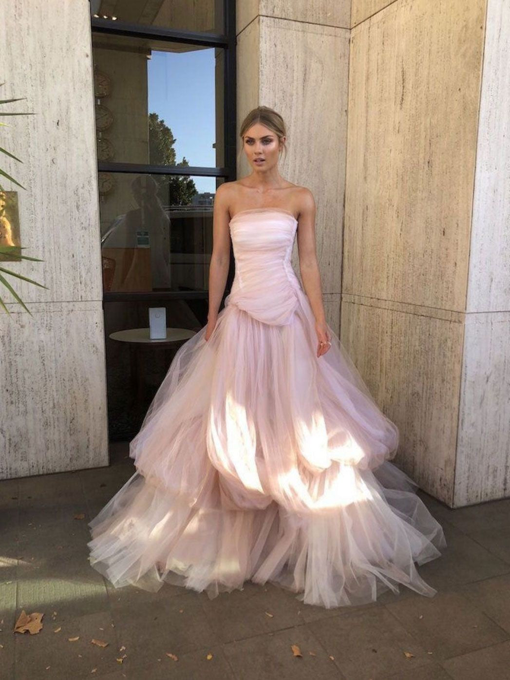 PM406,Pink Strapless Pleated Tulle A-Line Long Prom Evening Dresses