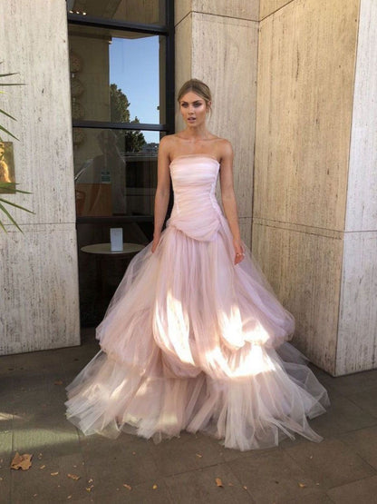PM406,Pink Strapless Pleated Tulle A-Line Long Prom Evening Dresses