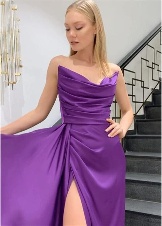 PM007,Stylish purple satin prom dresses pleated sleeveless evening long dress