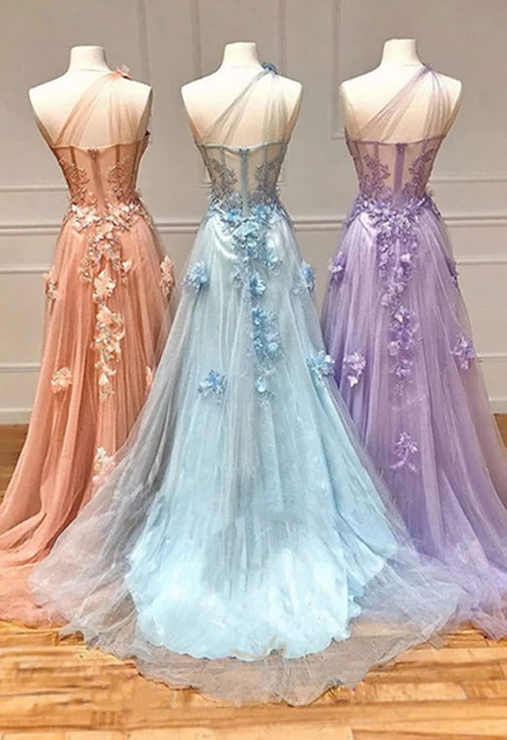 PM486,Princess Light Blue Tulle Prom Dresses, One Shoulder Applique Evening Prom Dress with Slit