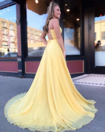 PM038,Pastel yellow chiffon a-line prom dress yellow evening formal dresses