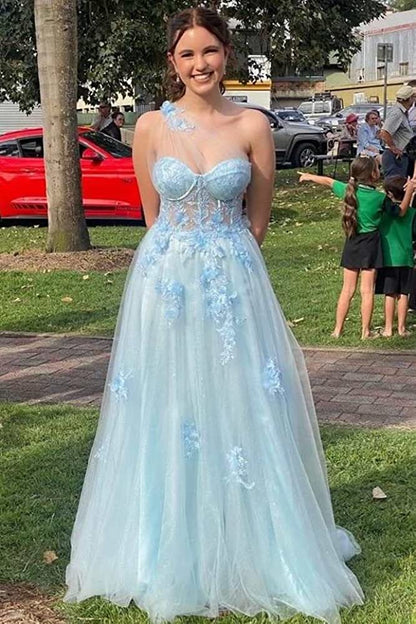PM486,Princess Light Blue Tulle Prom Dresses, One Shoulder Applique Evening Prom Dress with Slit