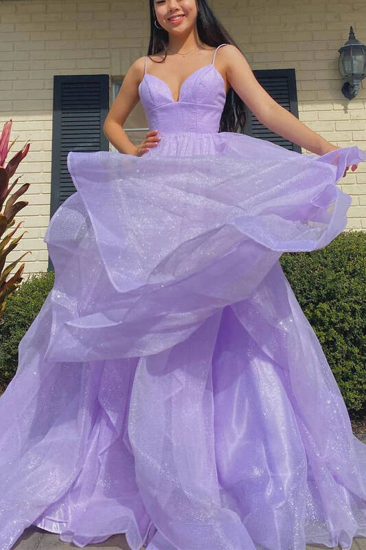 PM092,Princess Lavender Tiered Spaghetti Straps Long Prom Dress