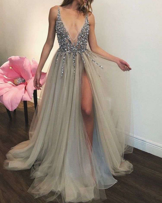 PM350,Grey Beaded Tulle V-Neck Sexy Prom Dresses,Split Long Evening Dresses