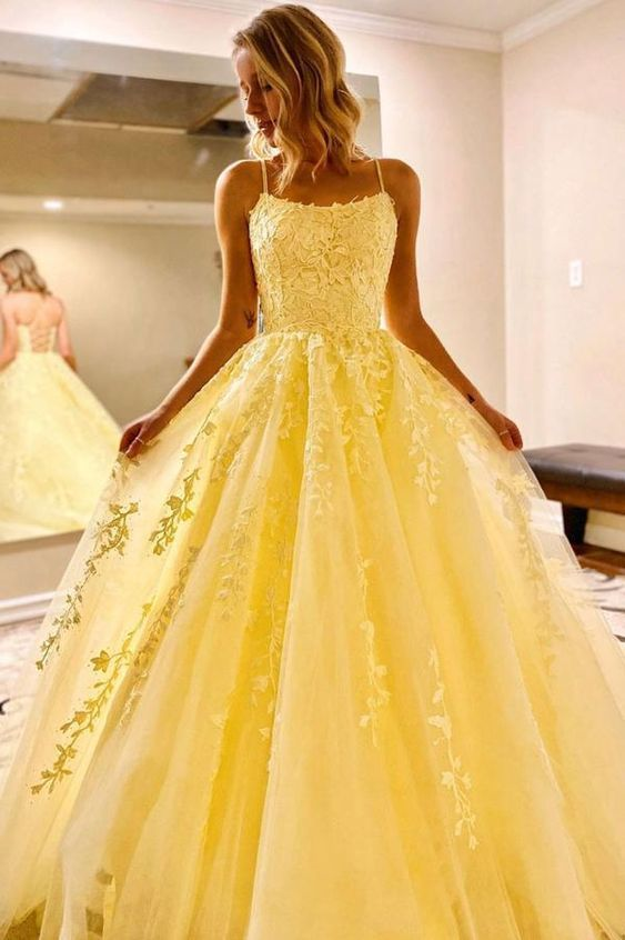 PM343,Elegant Yellow Applique Tulle Prom Evening Dresses