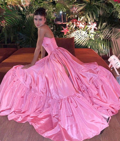 PM466,Strapless Pink Satin Prom Dresses, A-Line Split Long Prom Evening Dress