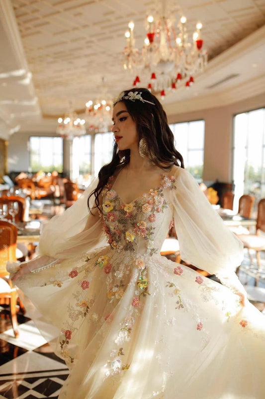 PM366,Princess 3D Floral Prom Dresses,Bubble Sleeves Tulle Ball Gown