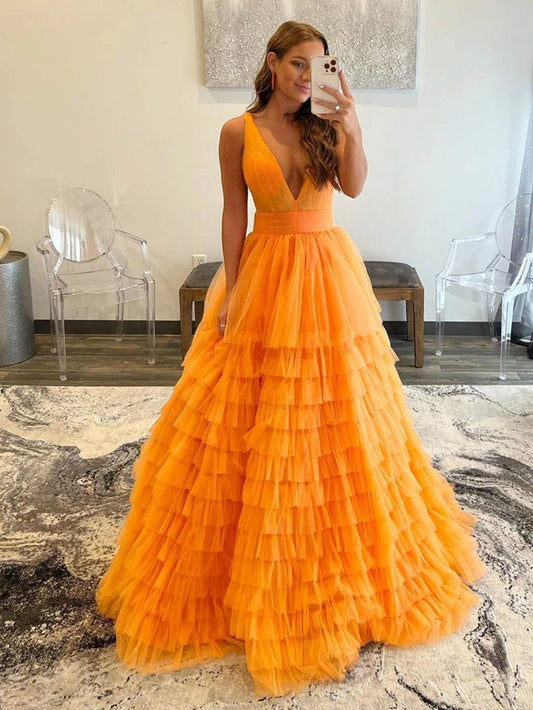 PM485,Elegant V Neck Layered Orange Tulle Long Prom Dresses, V Neck Orange Formal Graduation Evening Dresses