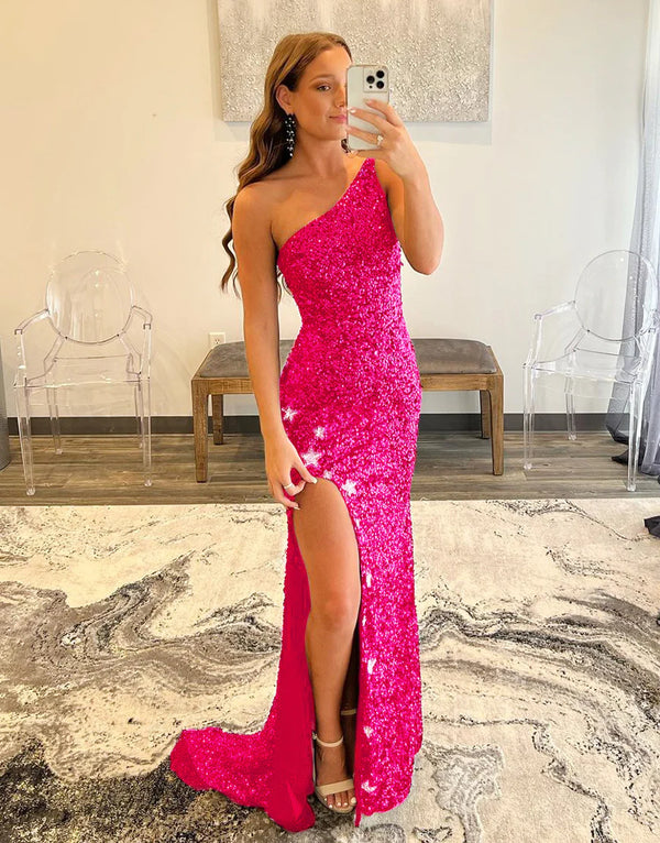 PM081,Hot pink one shoulder sequin long prom evening dress with split