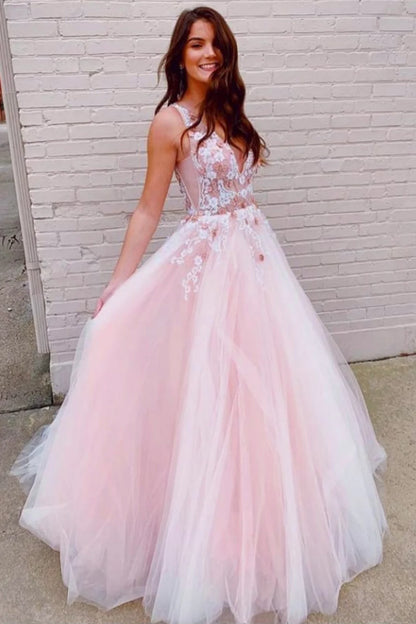 PM326,Cute Pink Tulle Prom Evening Dresses,A-Line V Neck Long Prom Formal Dress