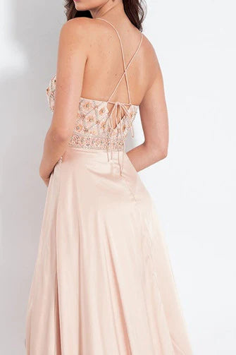 PM411,Charming Beaded Champagne V-Neck Prom Dresses Spaghetti Straps Long Prom Dress with Side Slit