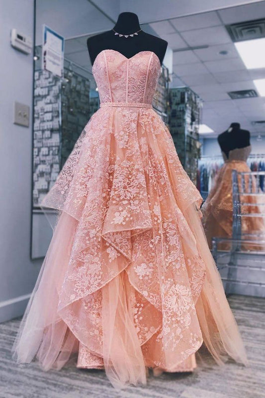 PM011,Blush pink sweetheart long prom dresses lace ball gown