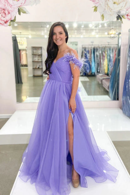 PM460, Purple A-line tulle long prom dress purple long evening dress