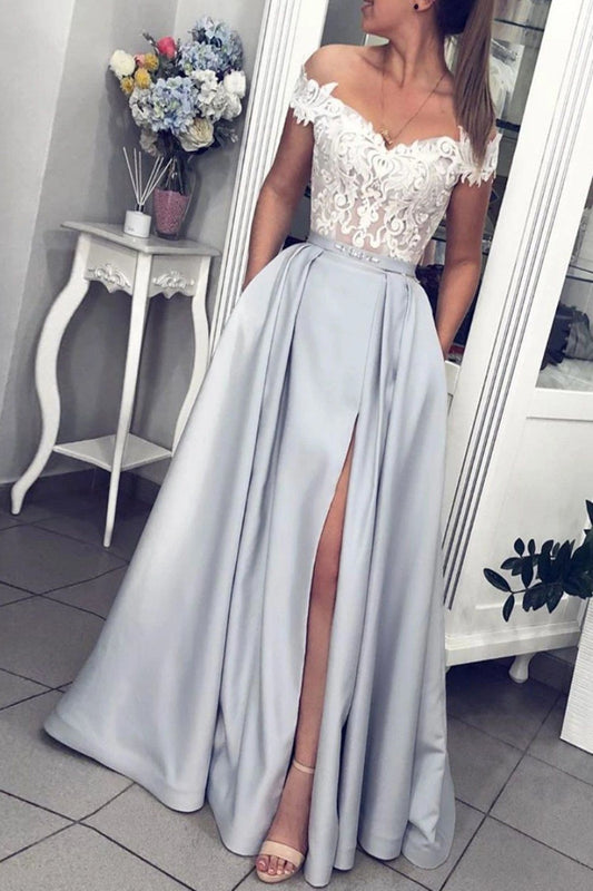 PM021,Grey prom dresses,white applique evening dress,satin long dress