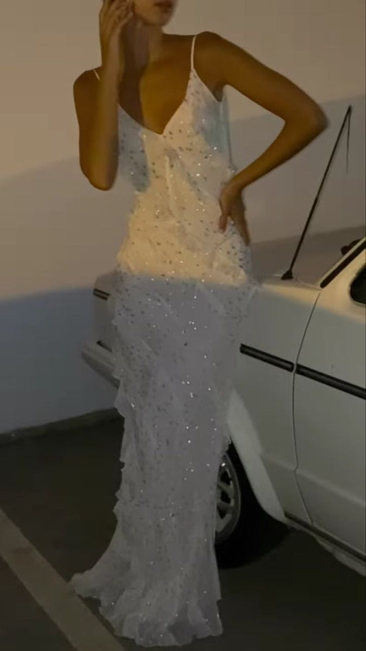 PM472,Modest V Neckline White Long Prom Dresses Ruffles Evening Gown