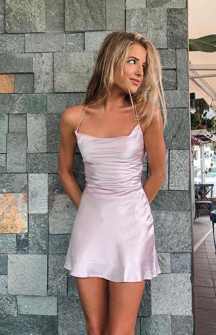 PM163,Light Pink Satin Homecoming Dresses Sleeveless Mini Dress