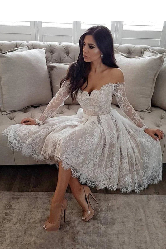 PM122,2022 Off The Shoulder Long Sleeves Homecoming Dresses A Line Lace With Sash