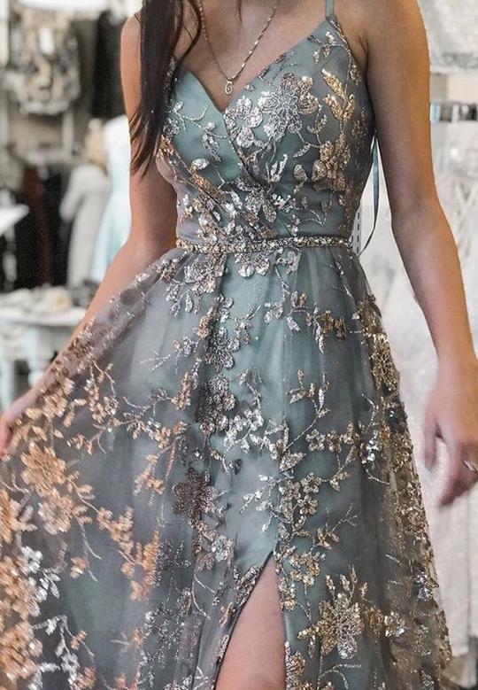 PM503,Luxury A-Line Prom Dresses, Floral Senior Evening Dress