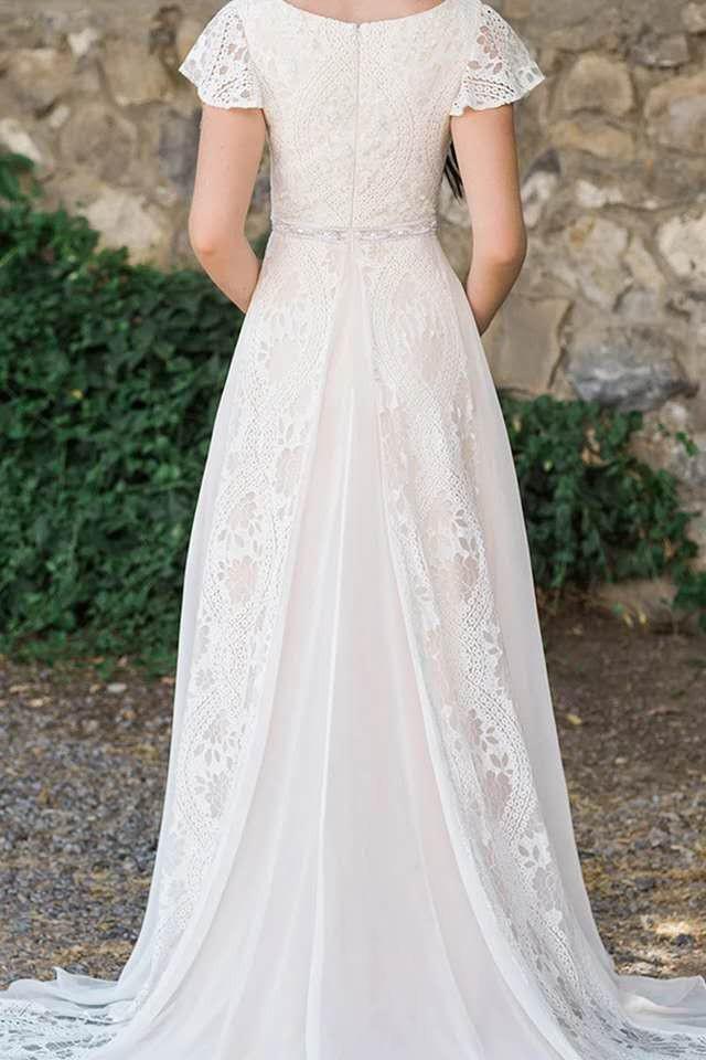 PM091,A Line Lace Beach Wedding Dresses With Short Sleeves, Lace Boho Bridal Gown