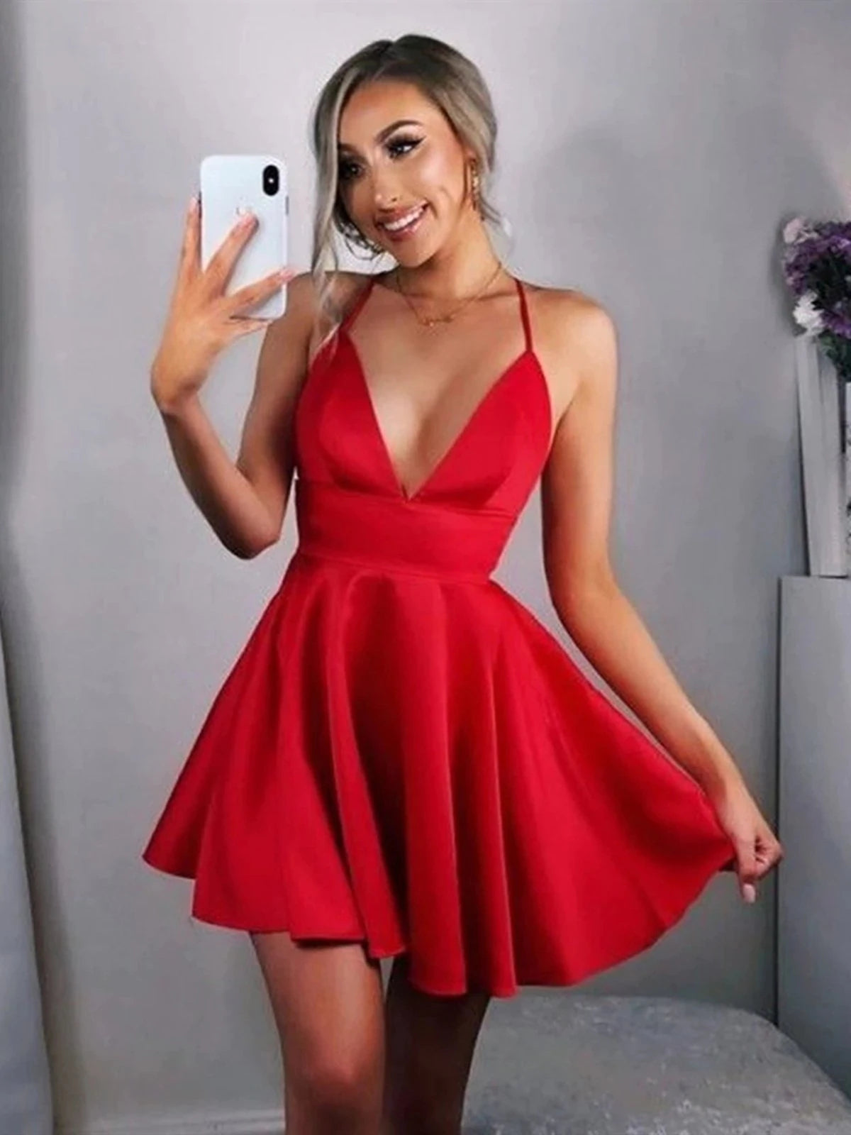 PM112,Red homecoming dresses,spaghetti straps v-neck graduation dress,satin mini prom dress