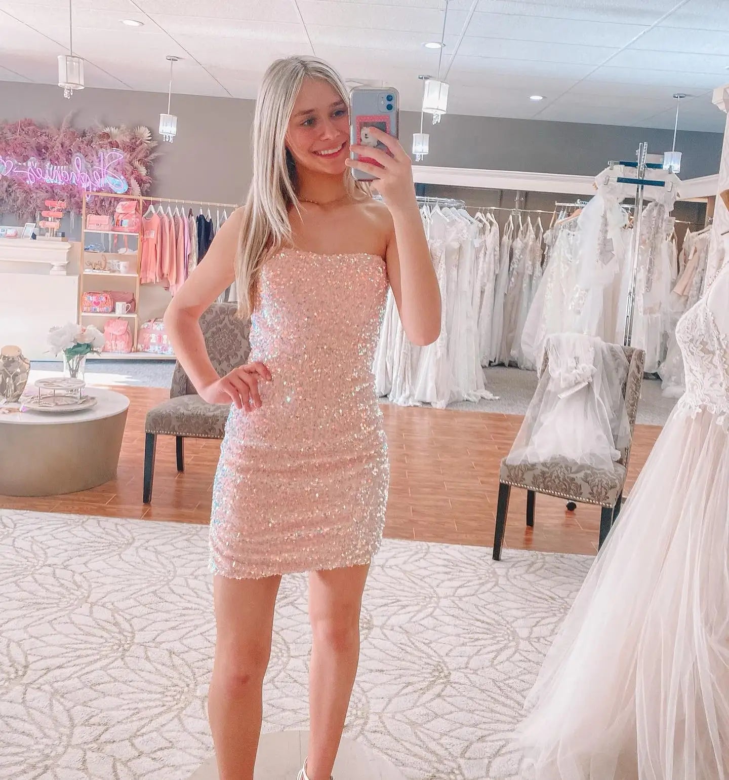 PM143,Strapless Pink Sequined Mini Homecoming Prom Dresses