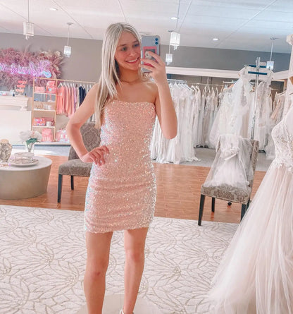 PM143,Strapless Pink Sequined Mini Homecoming Prom Dresses