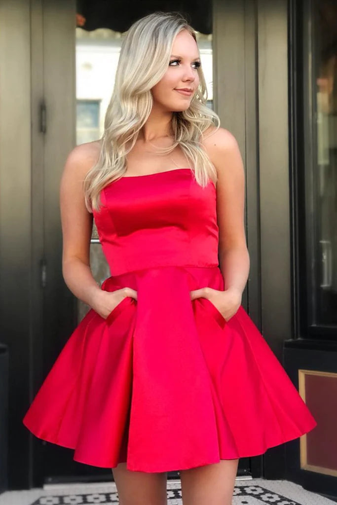 PM273,Red Strapless Homecoming Dresses A-Line Cocktail Dress