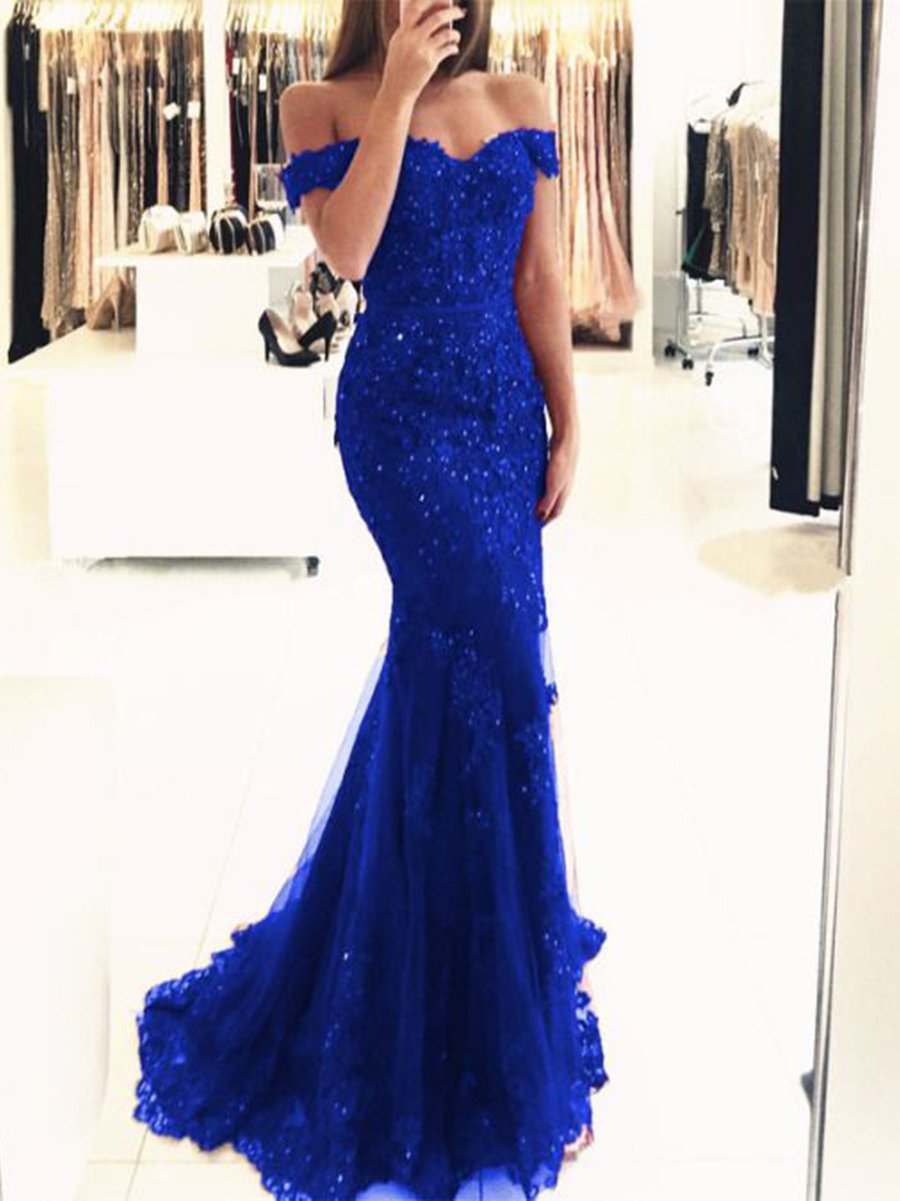 PM341,Off the shoulder mermaid applique beaded long prom evening dresses