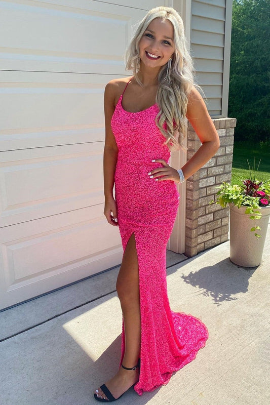 PM040,Glitter Hot Pink Mermaid Sparkly Prom Dress with Slit, Long Evening Dresses