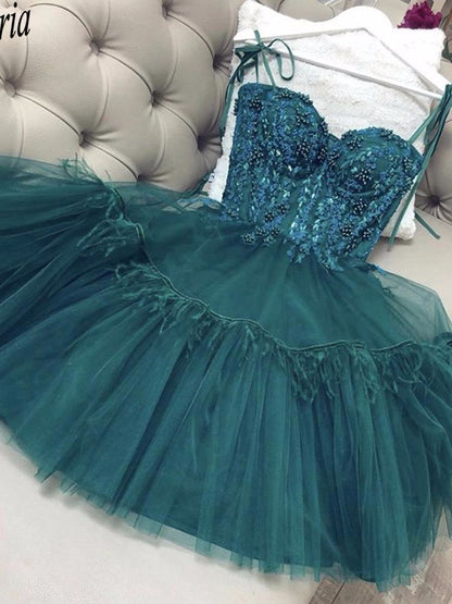 PM216,Dark Green Beaded Tulle Homecoming Dresses Mini Prom Dress