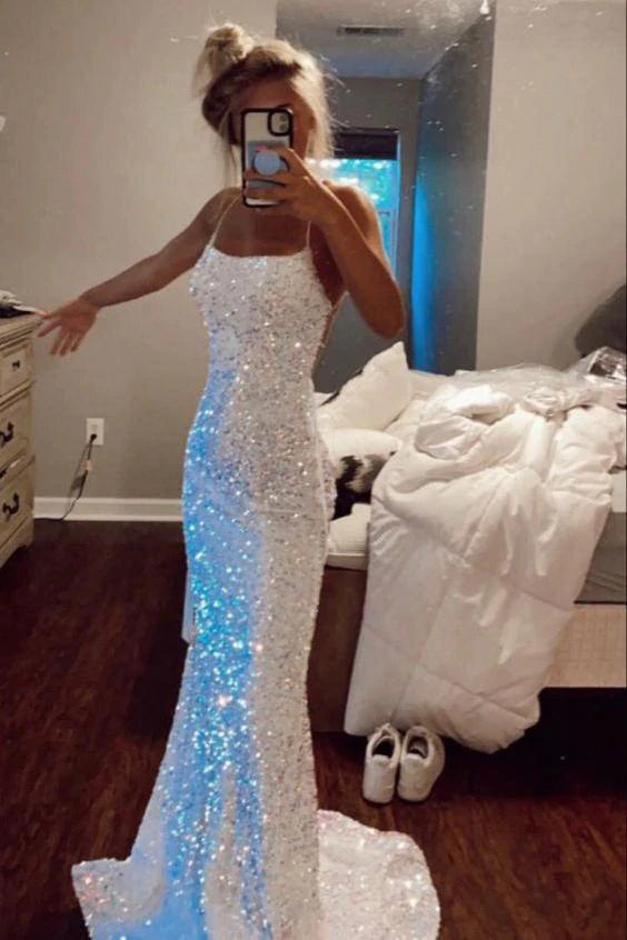 PM093,Shiny Spaghetti Straps Mermaid White Sequin Prom Evening Dress Gown For Women