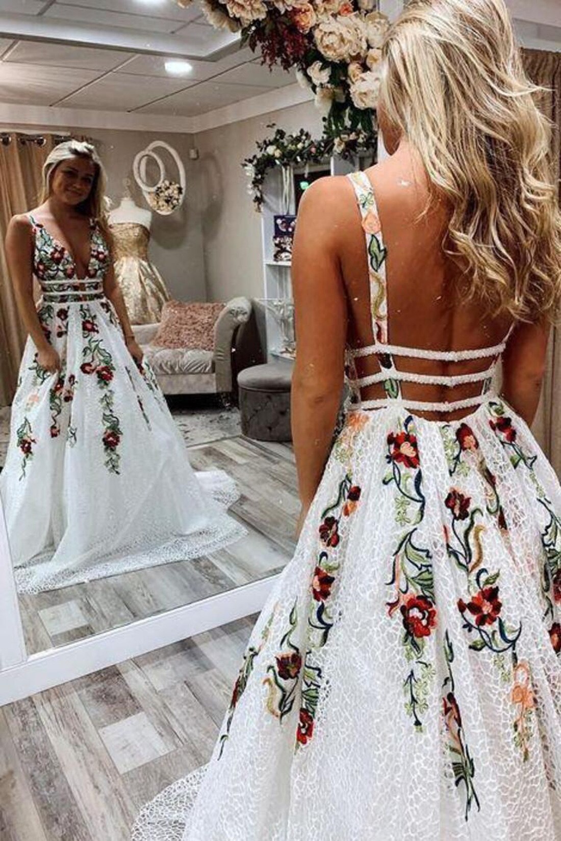 PM377,Elegant White Applique Floral Long Prom Dresses,A-Line Lace Evening Dress