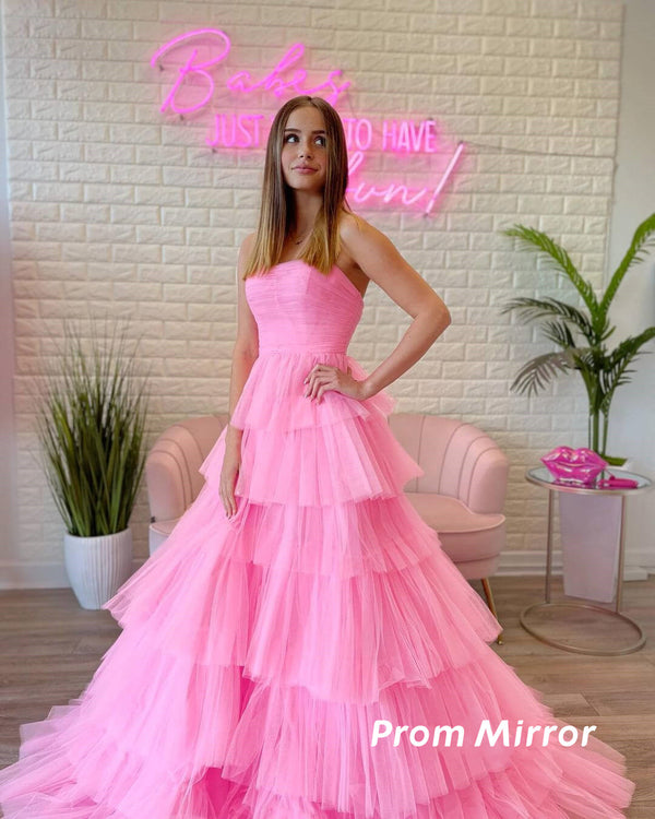 PM030,Pink strapless pleated long prom evening dresses,tulle formal dance gown
