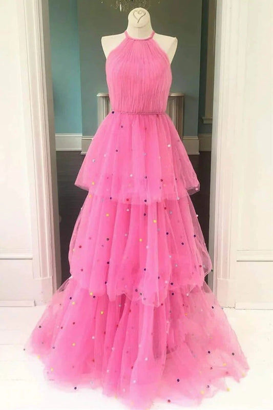 PM031,Cute halter pink tulle long prom dresses sleeveless evening formal gown