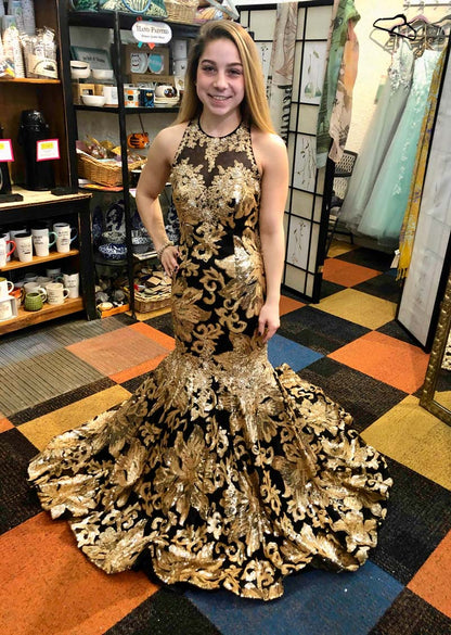 PM330,Luxury Gold Black Trumpet Prom Evening Dresses,Sleeveless Long Party Dress
