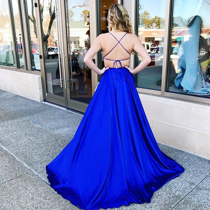 PM497,Simple Royal Blue Prom Dresses, A-Line Satin Long Evening Formal Gown