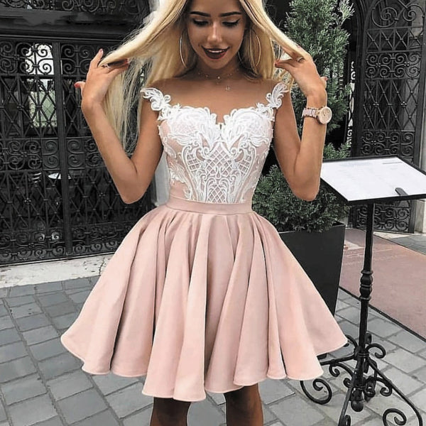 PM293,Pink Lace Homecoming Dresses Satin Mini Prom Dresses