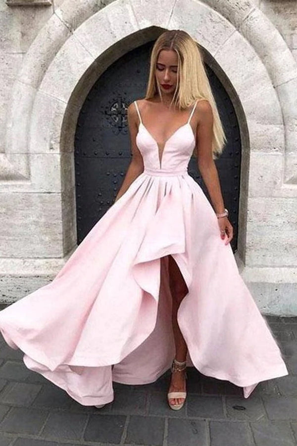 PM036,Light pink high low spaghetti straps prom homecoming dresses