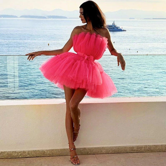 PM305,Hot Pink Tiered Homecoming Dresses Tulle Party Dresses Short With Bowknot