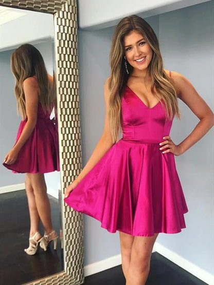 PM189,Hot Pink A-Line Satin Homecoming Dresses