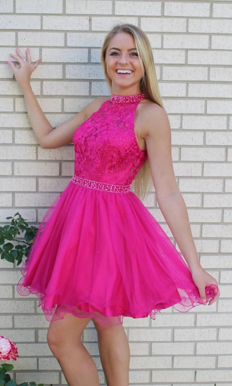 PM186,Hot Pink Lace Halter Homecoming Dresses Sleeveless Mini Dresses