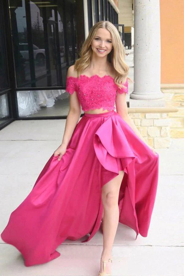 PM185,Hot Pink Two Pieces Applique Beaded Long Homecoming Prom Dresses