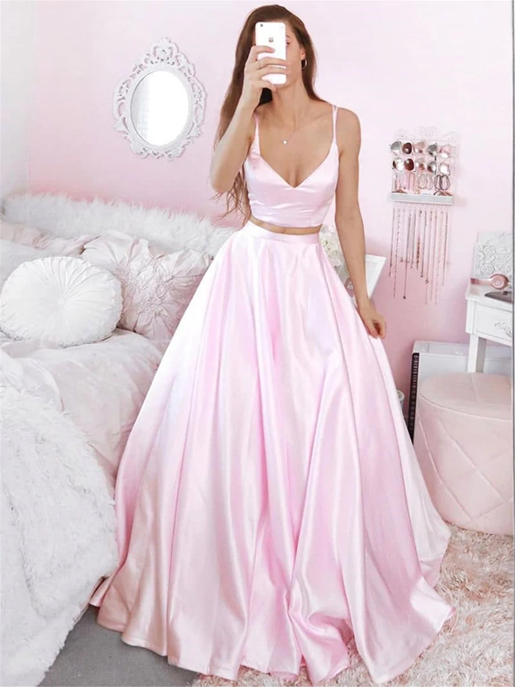 PM201,Light Pink A-Line Satin Long Prom Evening Dresses