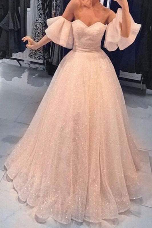 Light pink prom dresses,off the shoulder sweet 16 ball gown, sequin bridal dresses