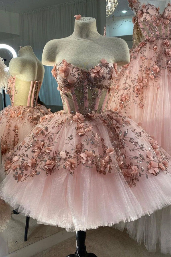 PM219,Luxury pink beaded applique 3D floral homecoming dresses sweet 1
