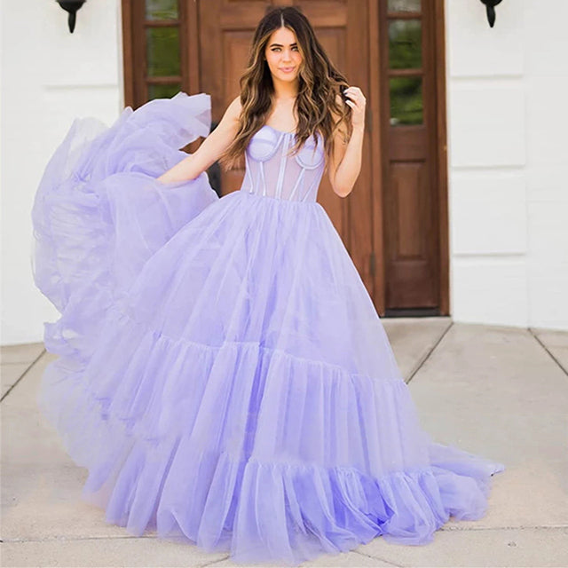 PM439,Princess Lilac A-Line Tulle Long Prom Evening Dresses